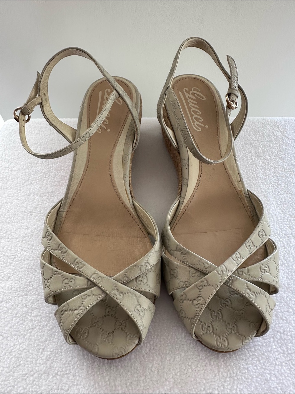 Gucci Cream Leather Crisscross Wedge Sandals